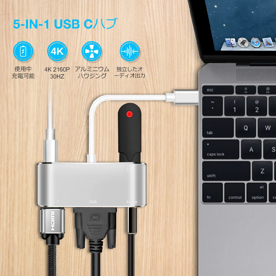 5 in 1 Type C Hubs USB C to HDMI+VGA+USB3.0+Pd+3.5mm Audio Multiple Type-C /USB-C Hub Adapter (Support 4K*2K, PD Fast Charging)