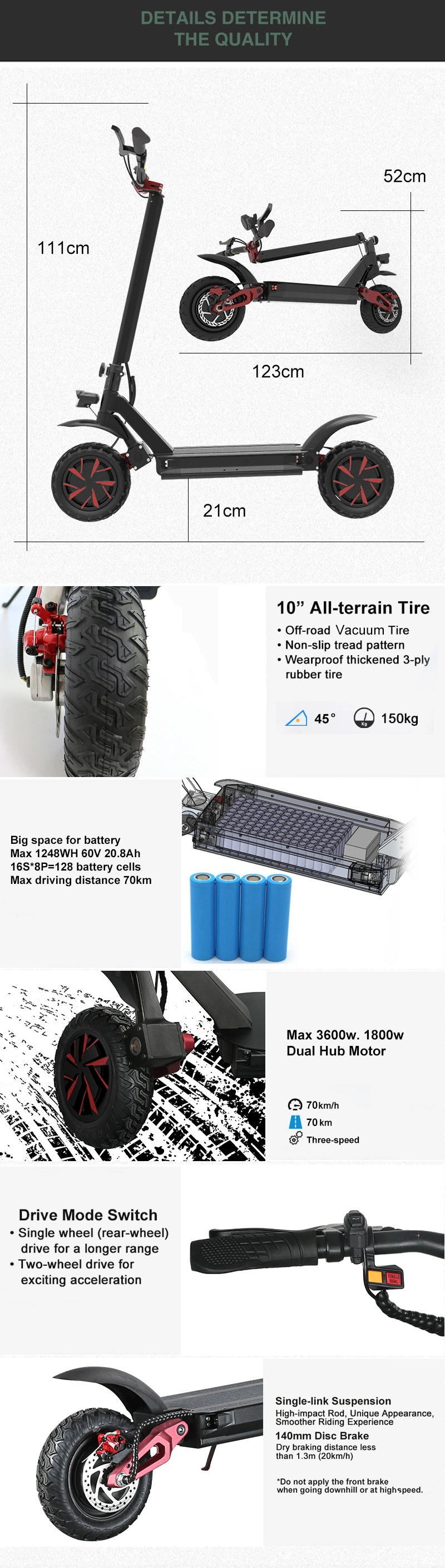 Ecorider Latest Design Oil Brake Two Wheel Dual Motor Electric Scooter, off Road Standing Adult Kick Scooter