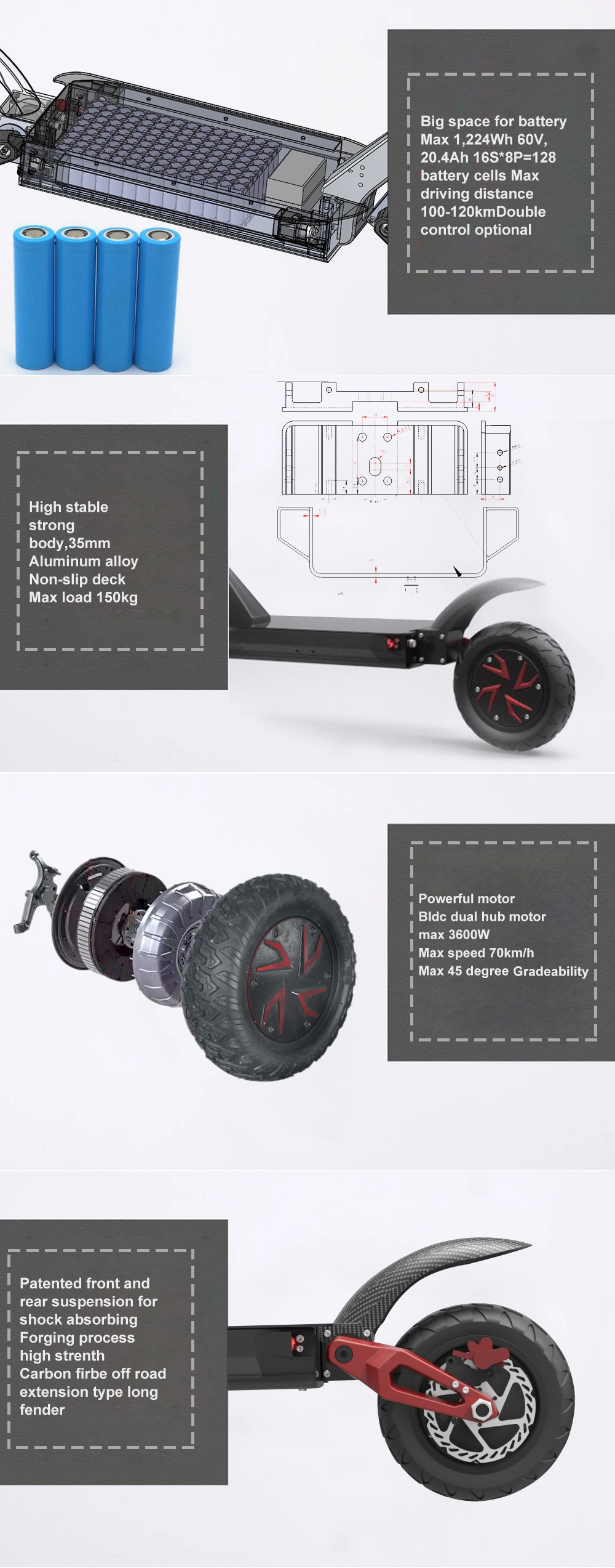 Foldable Two Wheels 48V 1000W Dual Battery Dual Motor off Road Kick Scooter