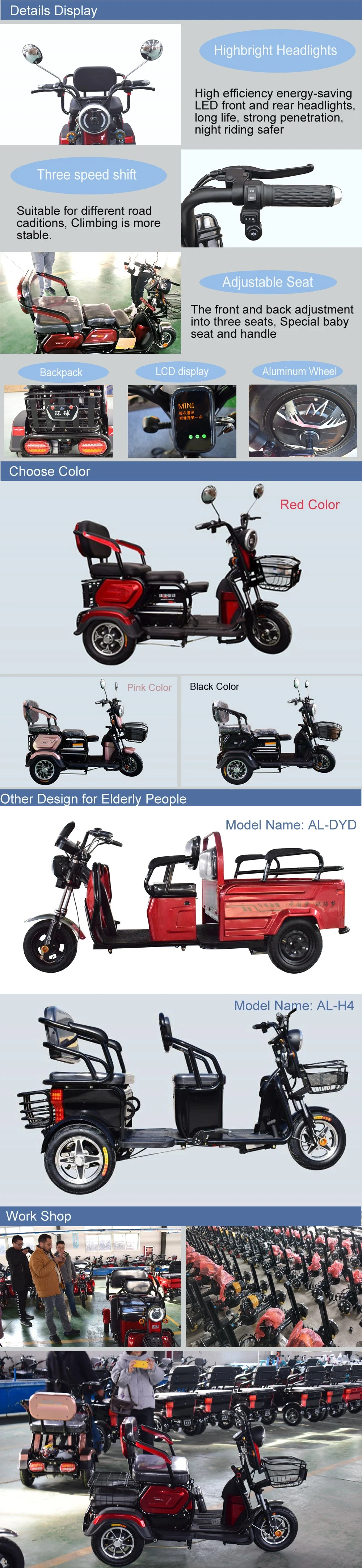 Hot Sell Electric Tricycle in Electric Scooters 3 Three Wheel Disability with Padals for Adults/Elderly