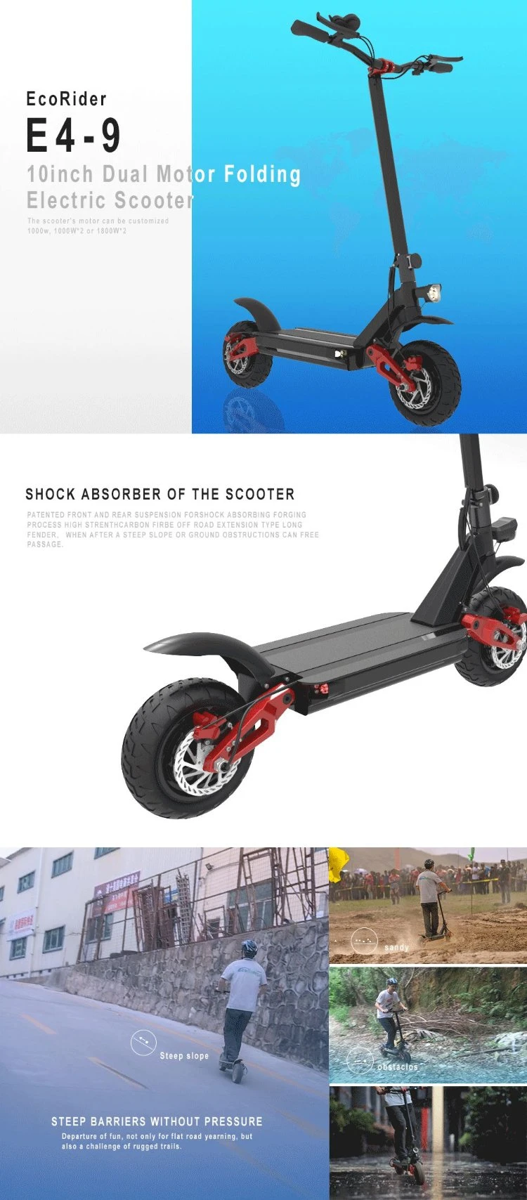 Ecorider E4-9 1000W 2000W 3600W off Road Electric Scooter, Foldable Electric Scooter with Footrest Metal Mudguard