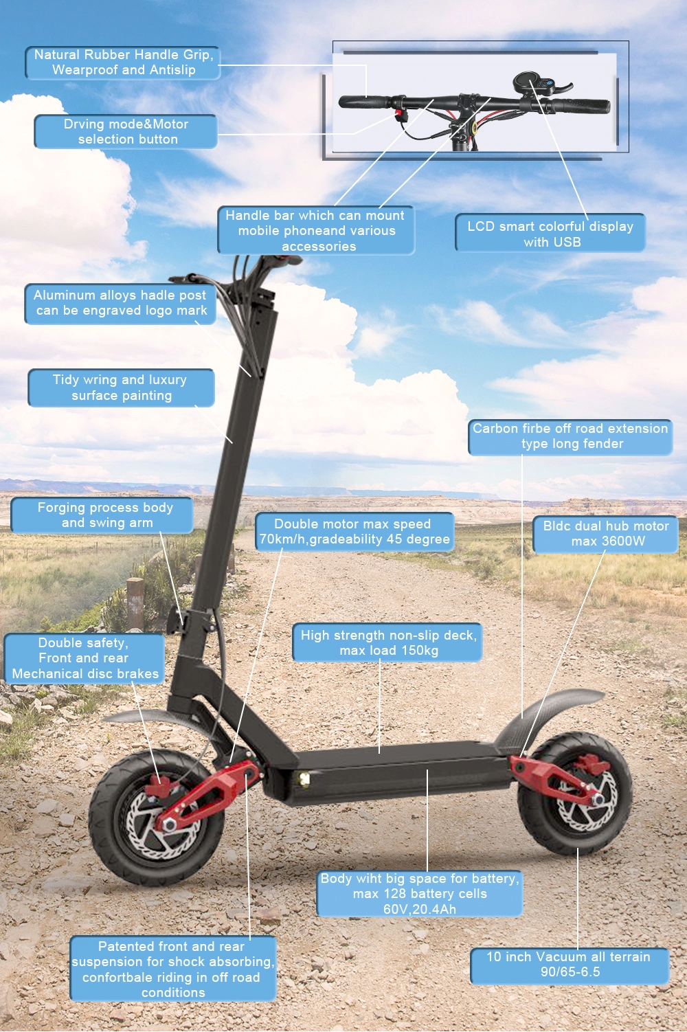 2019 off Road Scooter Electric, 70km/H Fast Speed Dual Motor Electric Scooter with Trunk