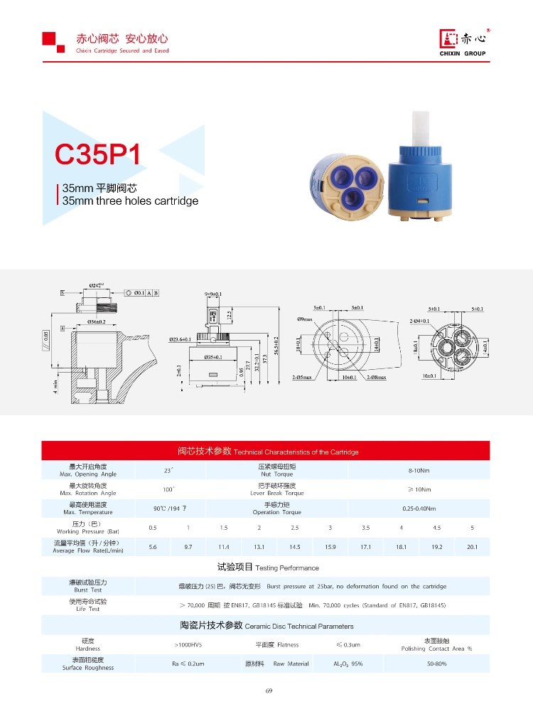 35mm Plastic Ceramic Tap Cartridge Single Seal Not Idling Ceramic Faucet Cartridge (C35P1)