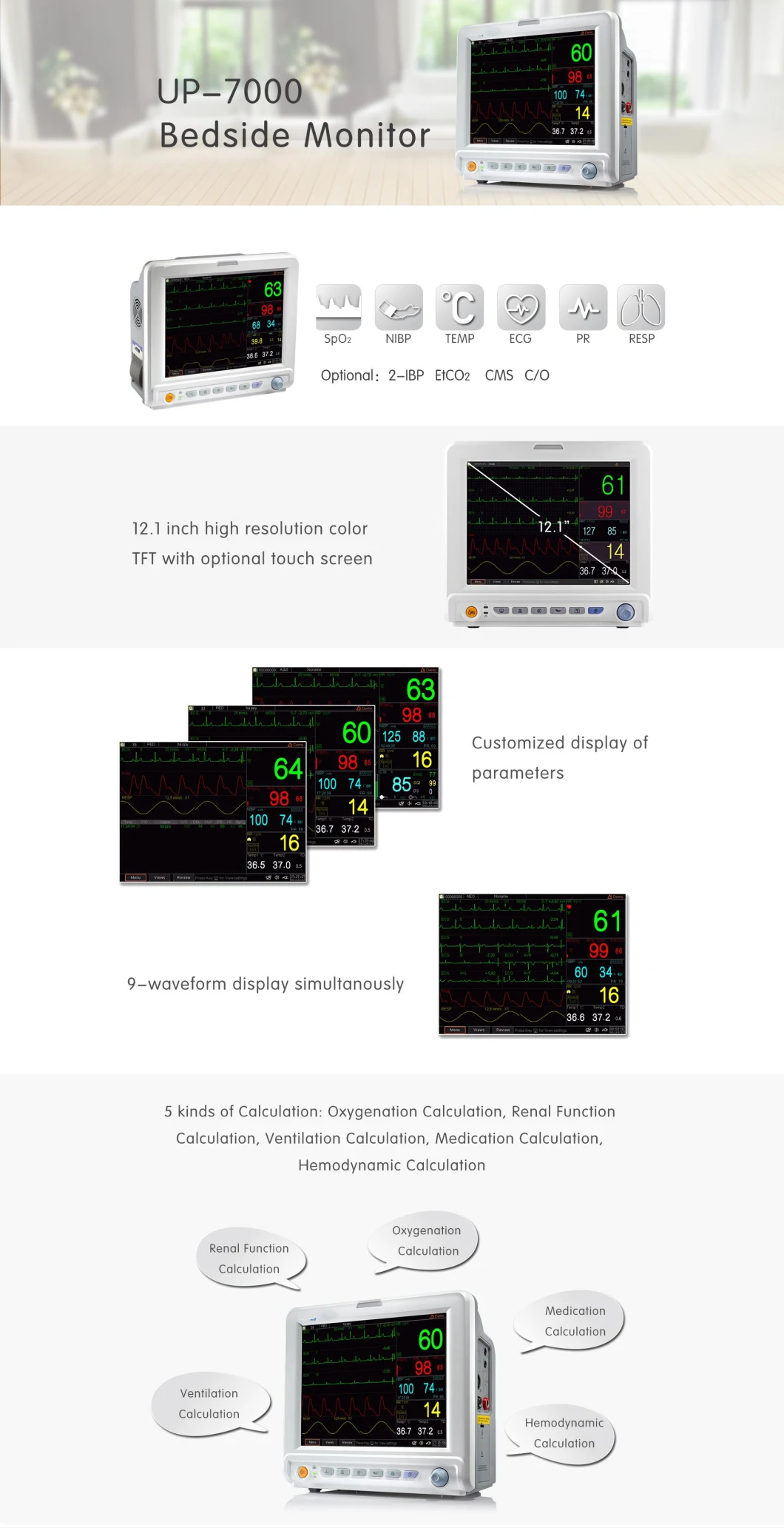 12 Inch Up7000 Multi-Parameter Patient Monitor NIBP, SpO2, Pr, ECG, Resp, Temp Vital Signs Monitor Accurate Medical Equipment