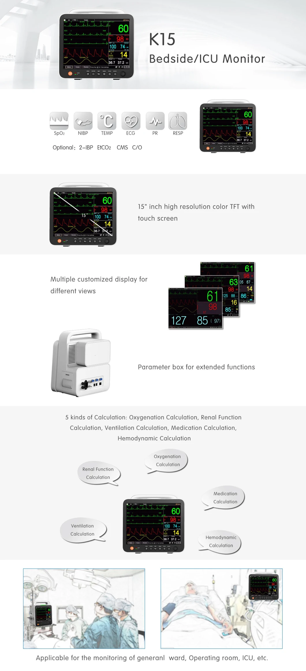 12 Inch Up7000 Multi-Parameter Patient Monitor NIBP, SpO2, Pr, ECG, Resp, Temp Vital Signs Monitor Accurate Medical Equipment