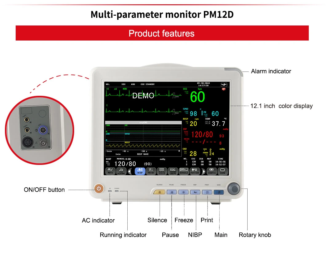 12.1 Inch Cheap Portable Multi-Parameter Patient Monitor Device Used for Surgery Monitoring Diagnosis in Hospital.