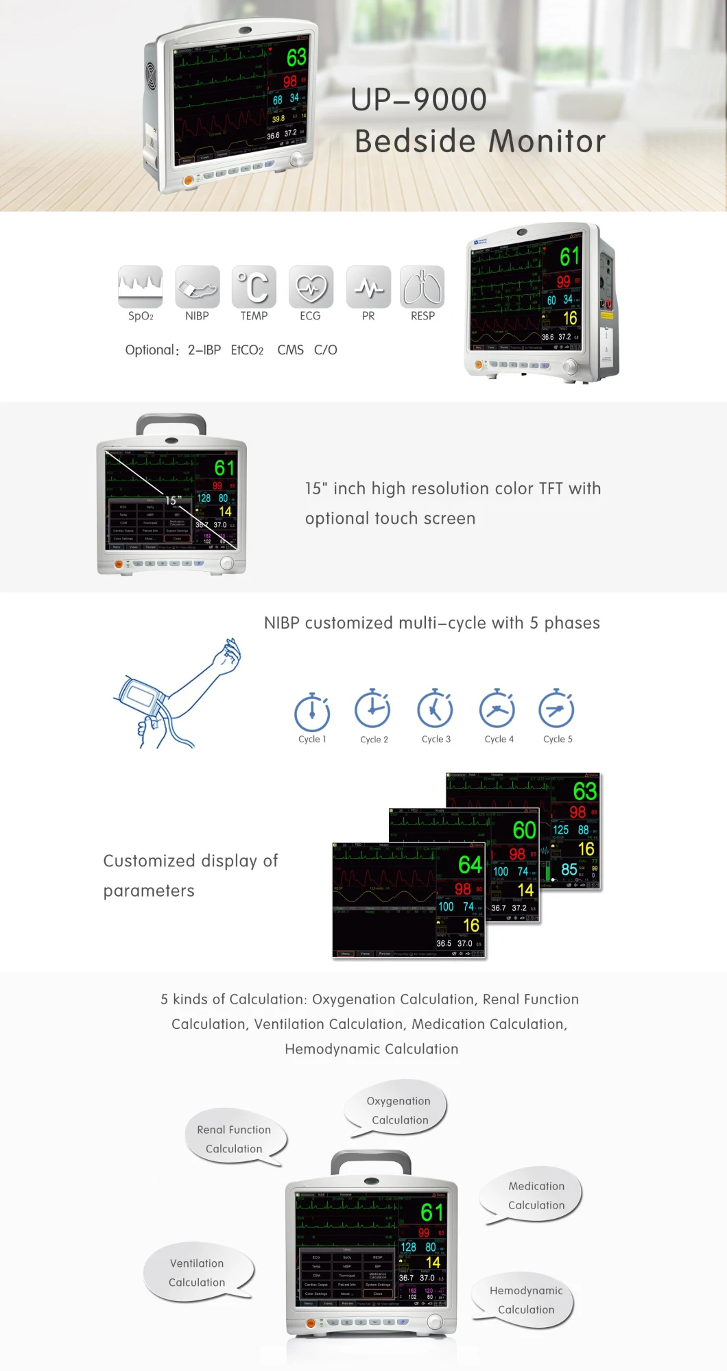 15 Inch Up9000 Multi-Parameter Patient Monitor NIBP, SpO2, Pr, ECG, Resp, Temp with FDA