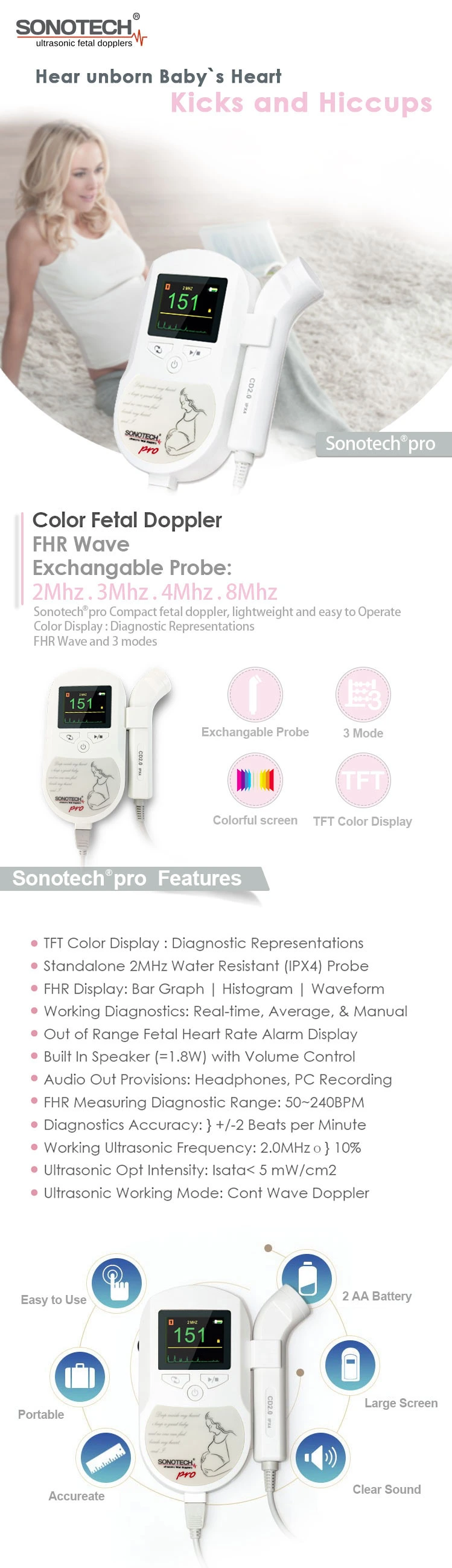 CE Marked Big Color Display Fetal Monitor /Baby Heartbeat Fetal Doppler Price