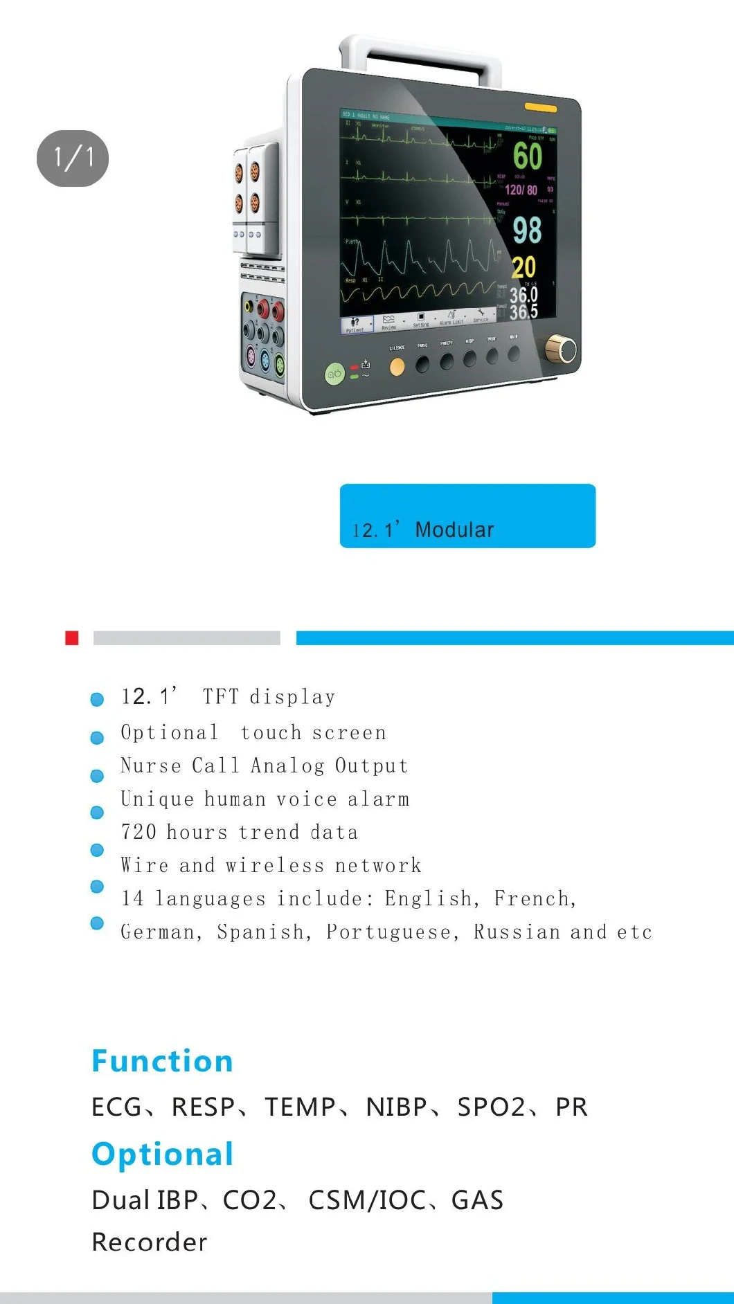 12.1 Inch Multi Parameter Blood ECG Etco2 Patient Modular Monitor