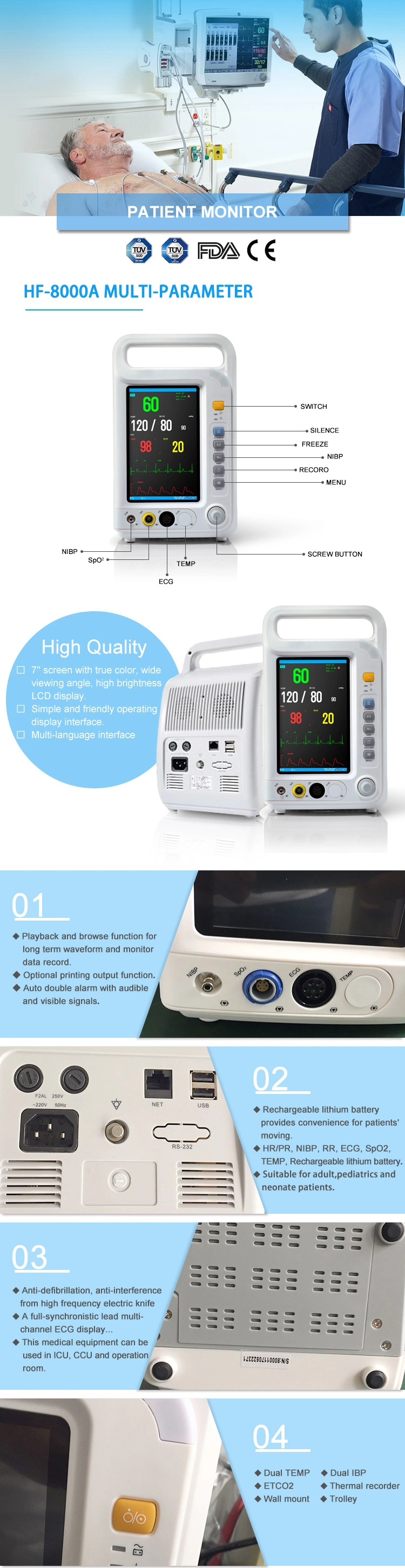 Portable Multi Parameter Professional Patient Monitor with ECG, NIBP, SpO2, Resp Function (HF-8000A)