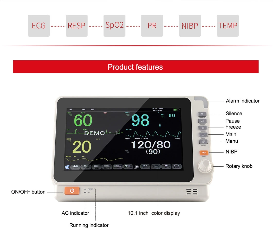 High Quanlity 10.1 Inch Multi-Parameter Medical Patient Monitor for Neonatal Children Adults in Hospital.