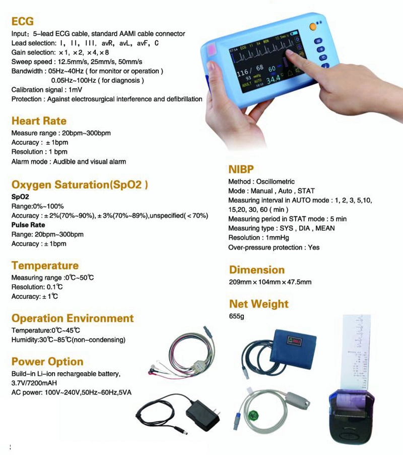 My-C001 Hot Sale Color Handheld Multi-Parameter Touch Screen Patient Monitor