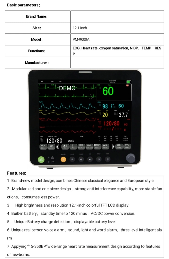 Touch Screen ICU Patient Monitor Multiparameter Blood Pressure Patient Monitor