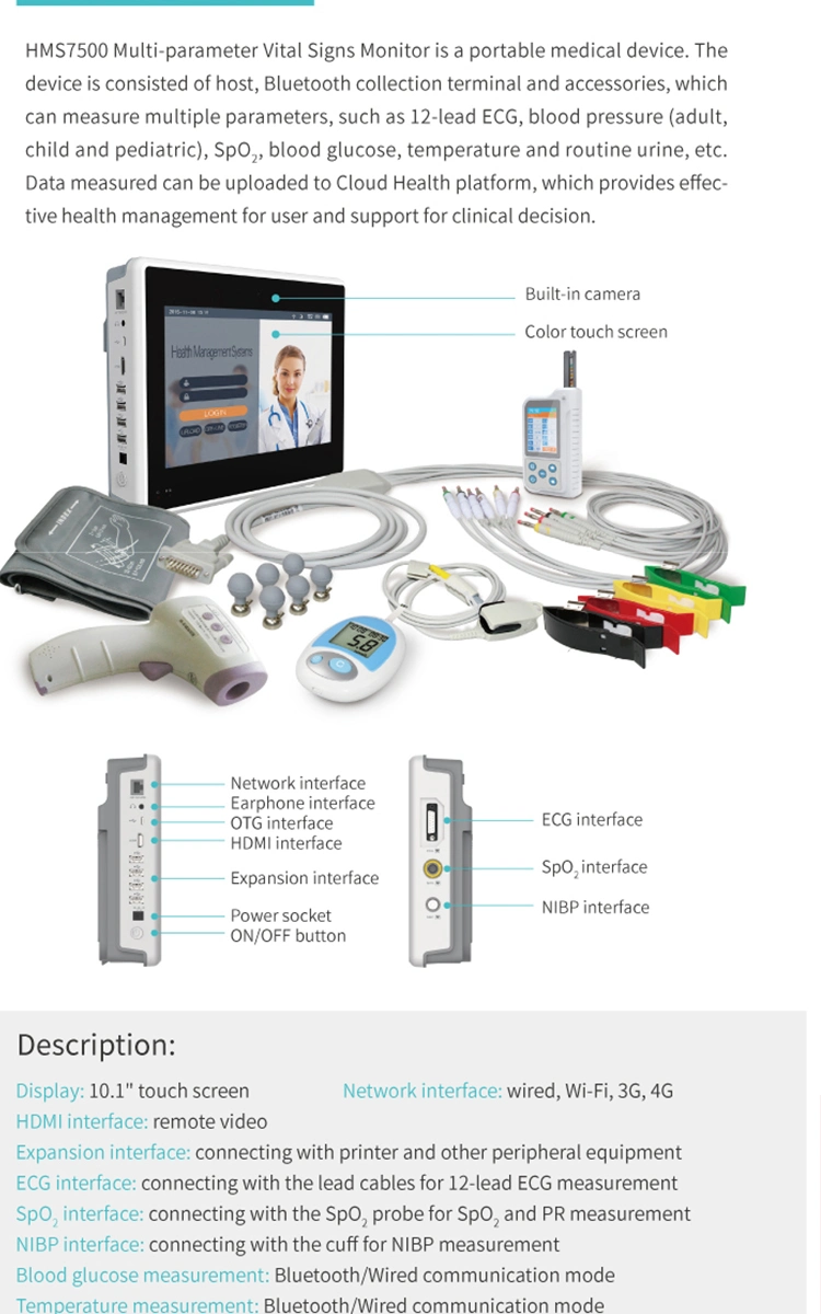 Hms7500 Telemedicine Self-Examination Wireless Multi-Parameter Patient Monitor Vital Signs Telemedicine Monitor