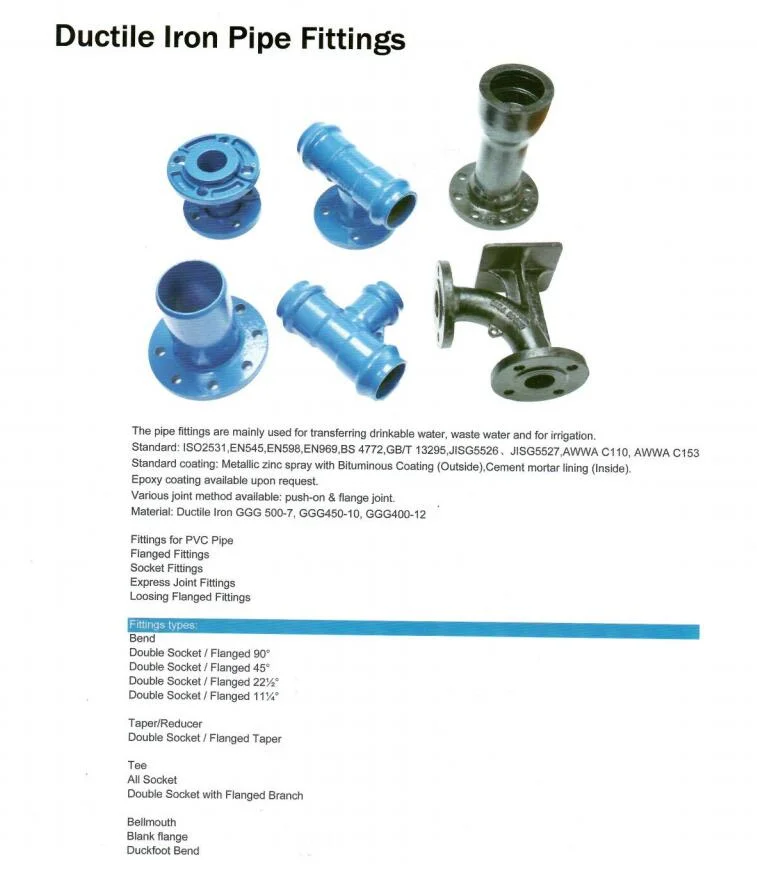 En545 ISO2531, En598 Ductile Iron Pipe Fittings 45 Degree 90 Degree Bend for Ductile Iron Pipe