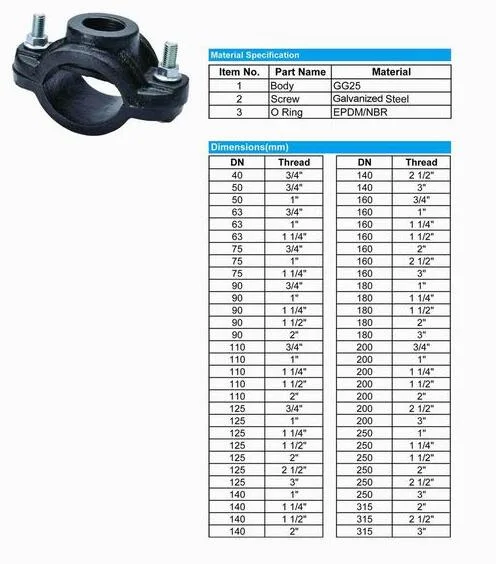 Gray Cast Iron Black Bitumen Tapping Saddle Clamp Pipe Clamp for PVC Pipe