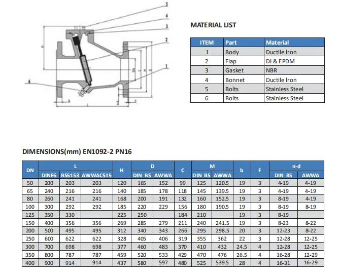 Ductile Iron Gray Cast Iron Flanged DIN3202 F6 Non Return Swing Check Valve (PN10 PN16)