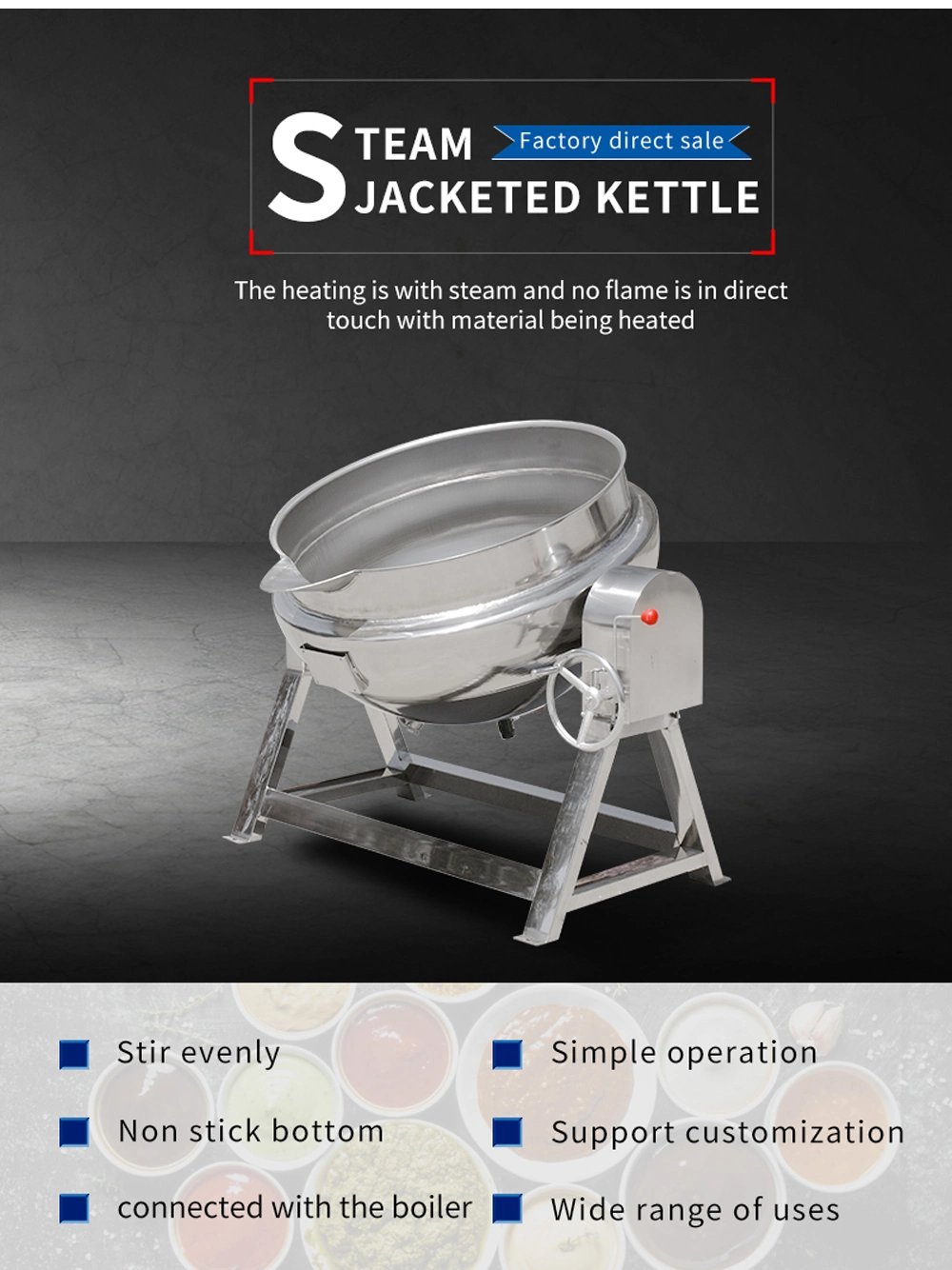 Stainless Steel Jacketed Kettle Electric Heating Cooking Pot with Mixer