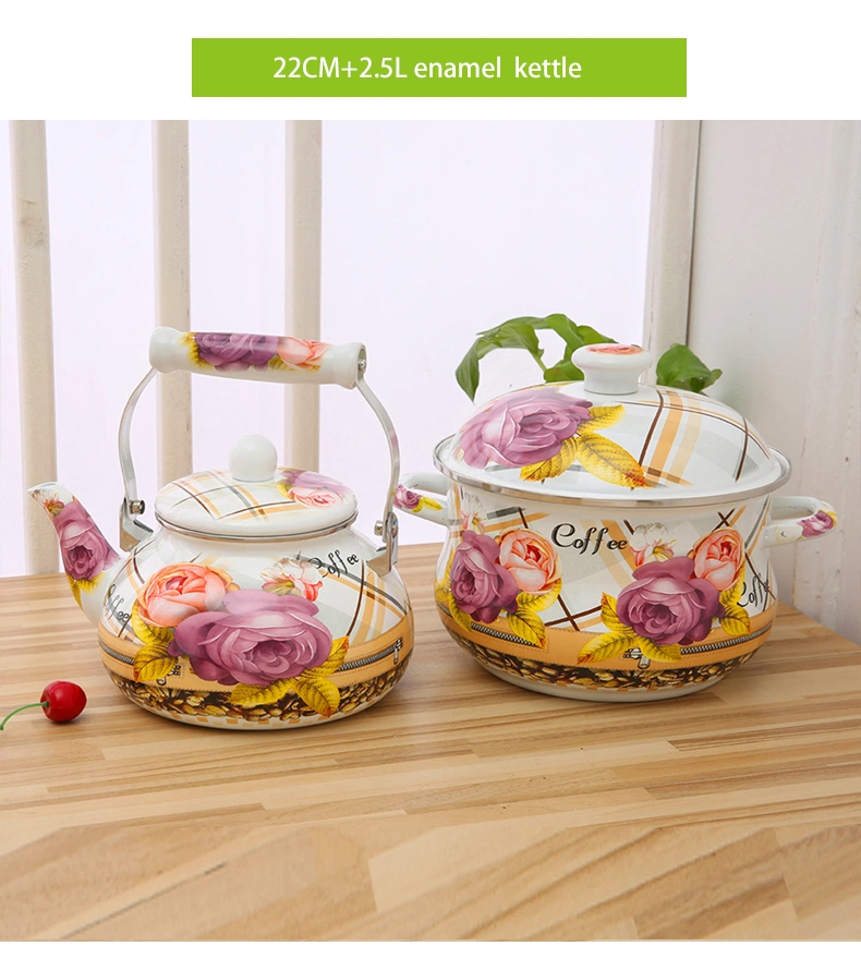 Full Flower Decal Enamel Teapot Pot Kettle Set