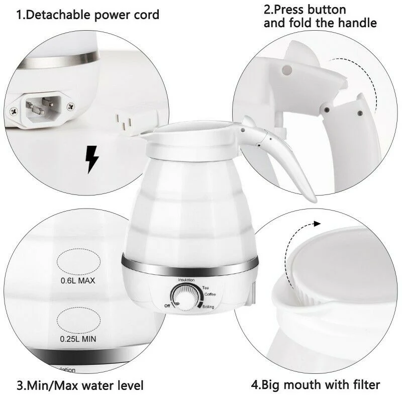 600ml Silicone Foldable Electric Travel Collapsible Water Kettle Boil