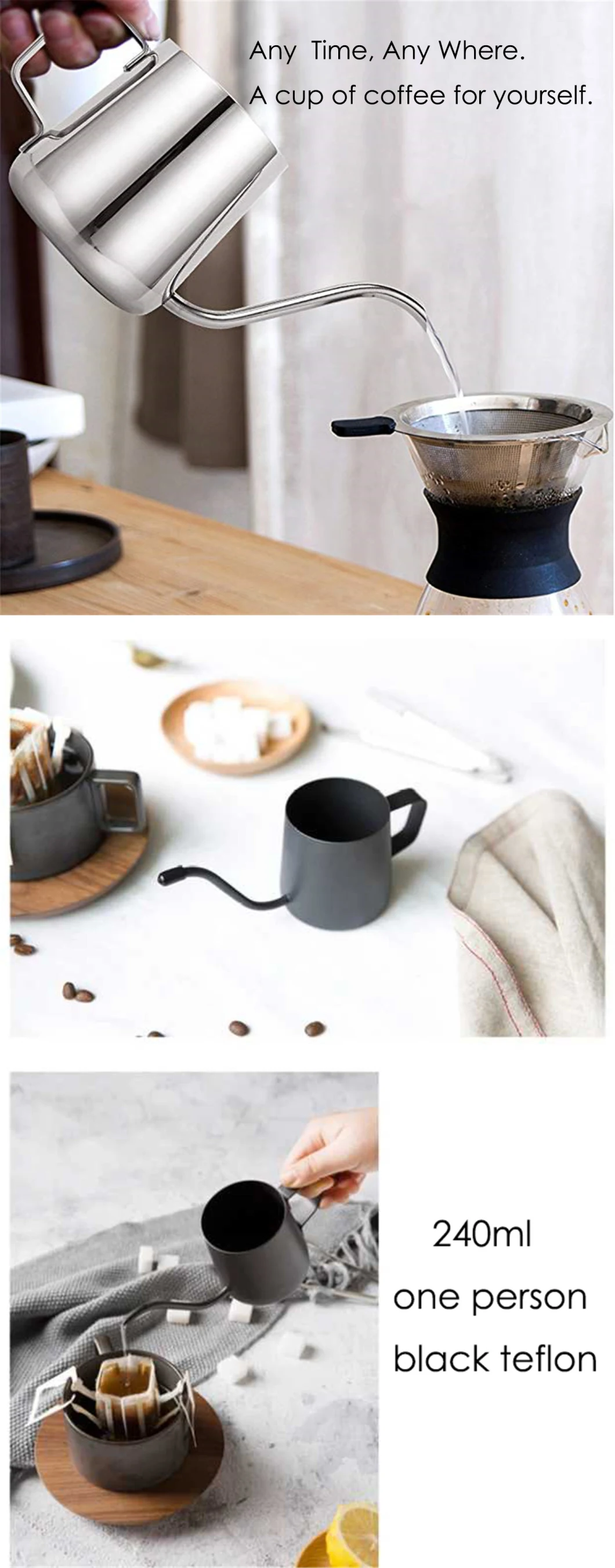 Small Fine Gooseneck Pour Over Drip Coffee Tea Kettle 12oz Black Non-Stick Coating