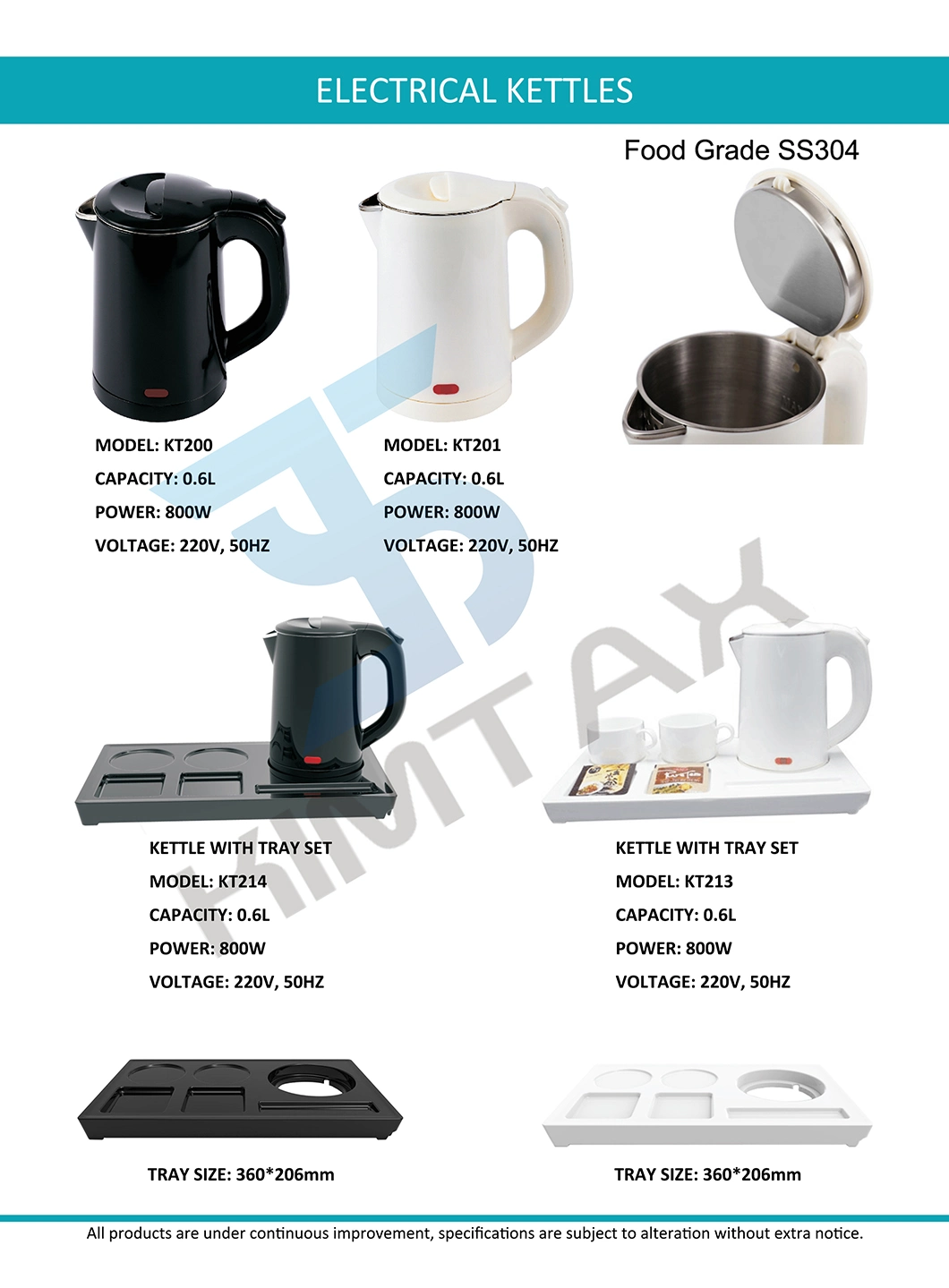 Capacity 1.0L 1000W White Hotel Electrical Kettle with Tray Set