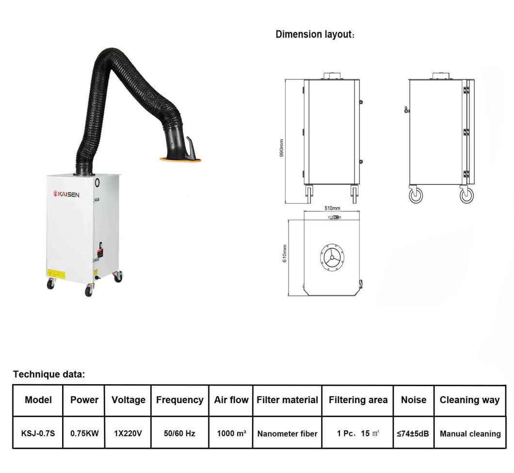 Ksj-0.7s Series Portable Fume Extractor for Metal Welding Soldering Fume Extractor Mobile Machine