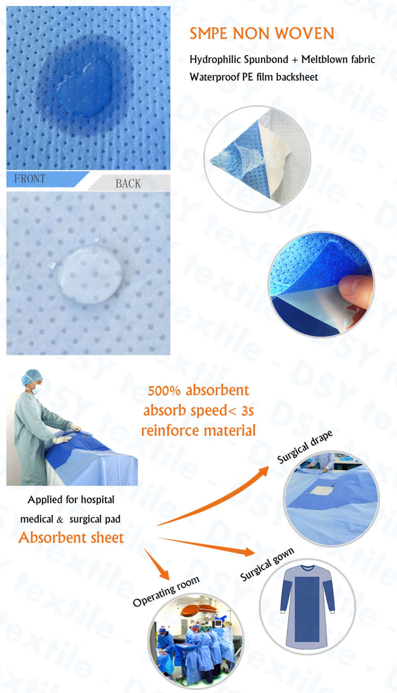 Smpe Hydrophilic Nonwoven for Hospital Medical Cloth, Gowns, Drapes