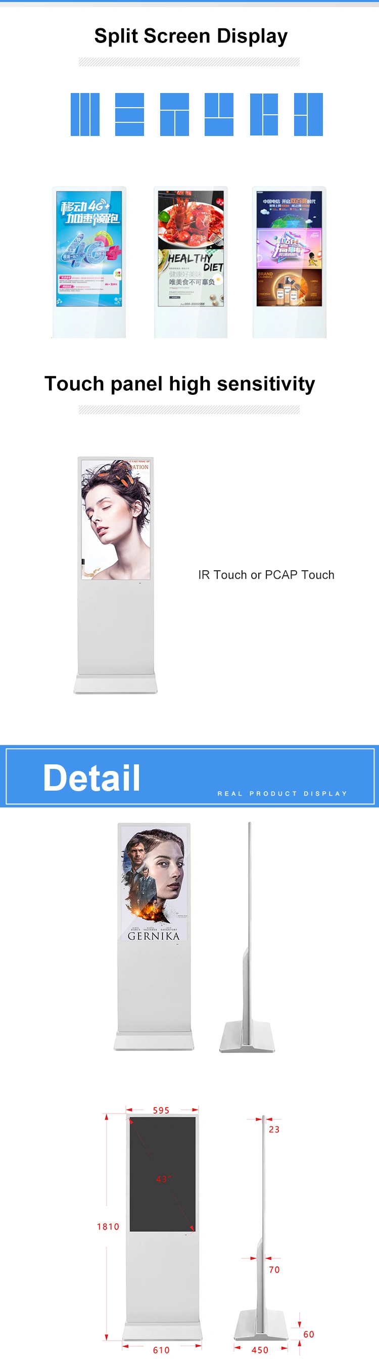 Aiyos 55 65 Inch Multi-Media Advertising Ad Screens Windows Touch Screen Kiosk