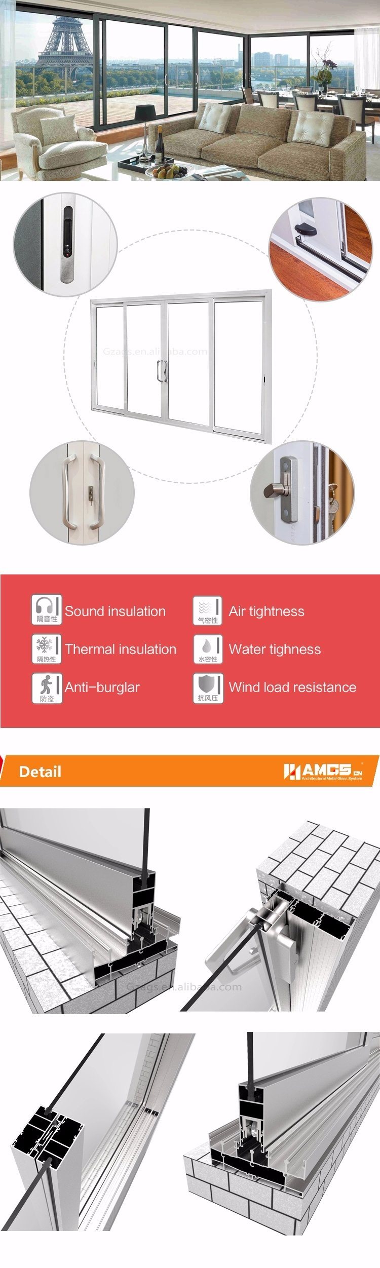 Double Glazing Aluimnum Sliding Door with with Built-in Blind