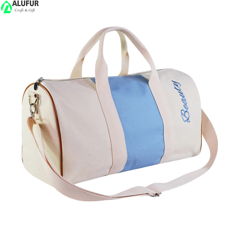 Two Tone Embroidery Canvas Grocery Gym Duffel Bag with Telescopic Duffle