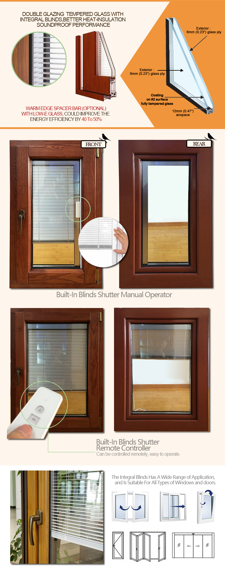 America Oak Wood Tilt Turn Window with Built-in Blinds, Double Glazing Tilt & Turn Window with Imported Hardware
