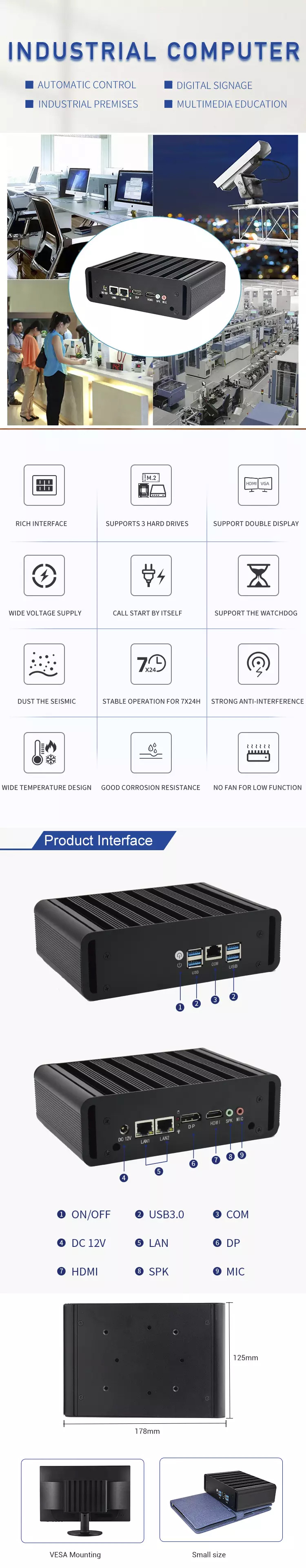 Fanless Core I3 I5 I7 Industrial Computer with Dual LAN Dual HD Mini Industrial PC