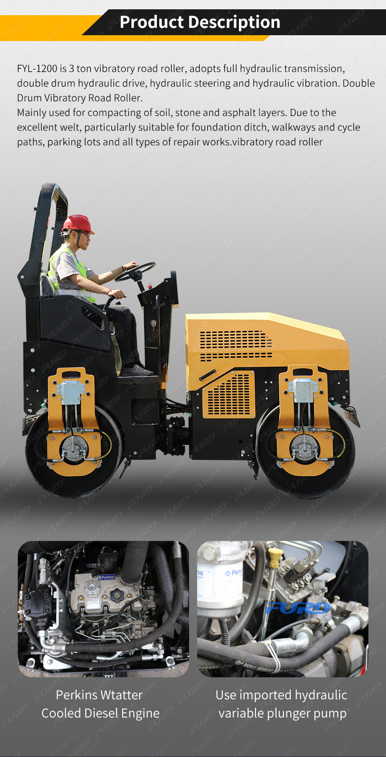 3 Ton Hydraulic Double Drum Vibratory Road Roller Soil Roller Compactor