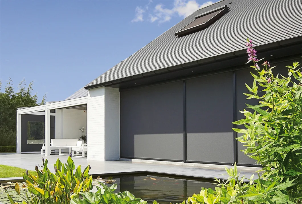 Exterior Motorized Windproof Shades Zip Track Screen Fabric Roller Blinds