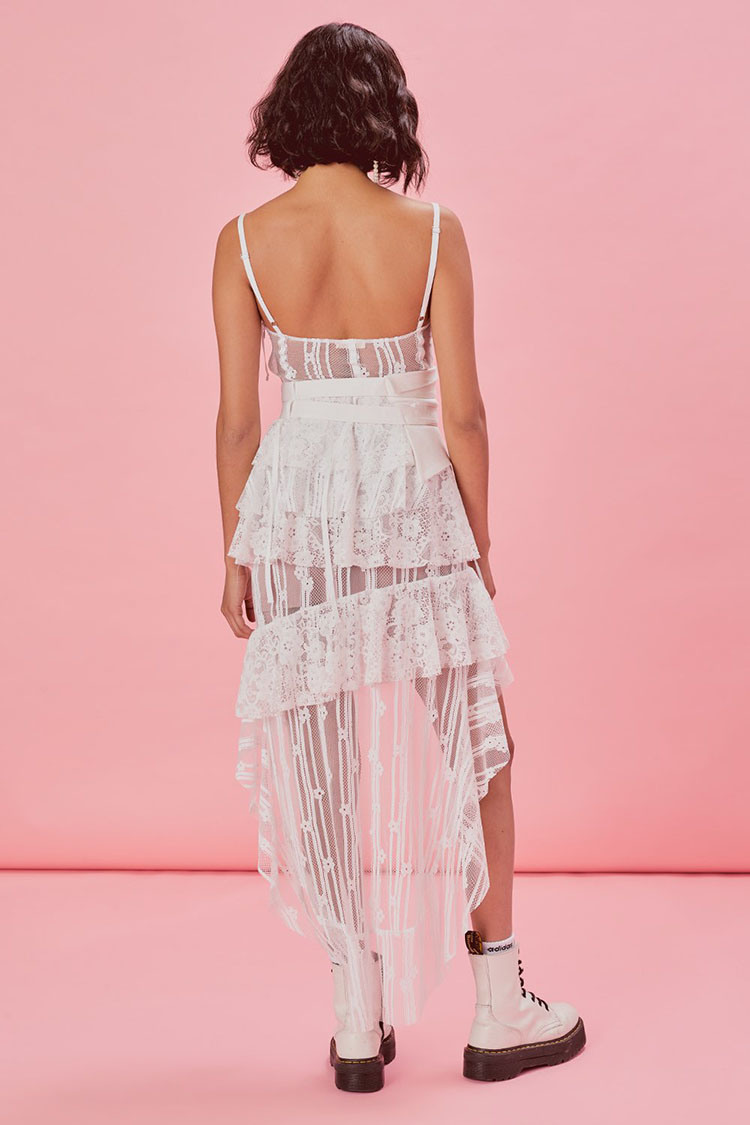 Fashion White Irregular Lace See-Through Halter Women Dress