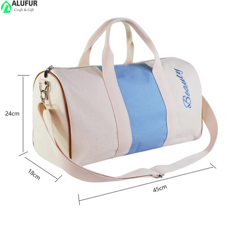Two Tone Embroidery Canvas Grocery Gym Duffel Bag with Telescopic Duffle