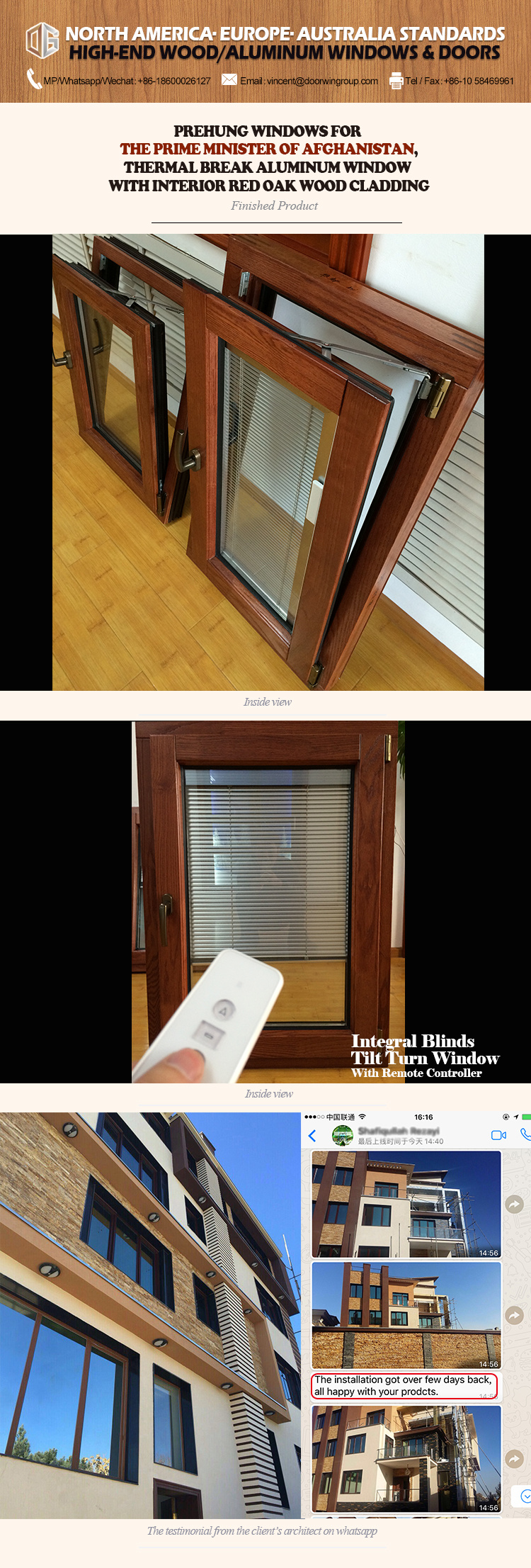 America Oak Wood Tilt Turn Window with Built-in Blinds, Double Glazing Tilt & Turn Window with Imported Hardware