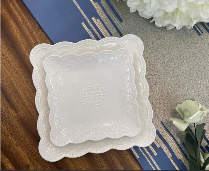 Butterfly Lace Embossed Ceramic Pure White Western Dinner Plate