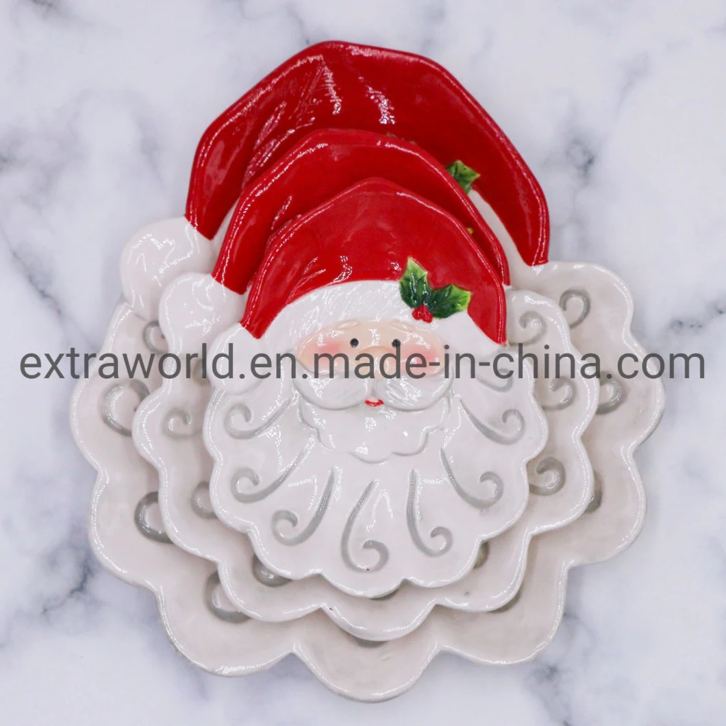 Embossed 3D Hand Painted Ceramic Santa Claus Plate Dinnerware Set of Three Tray