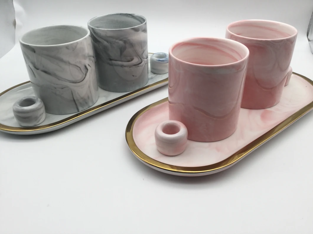 Pink Marble Ceramic Set Toothbrush Holder Cups Plate Set/5