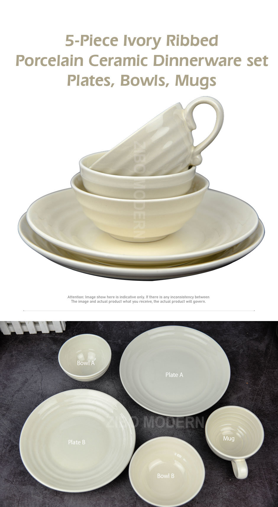 5-Piece Ivory Ribbed Porcelain Ceramic Dinnerware Set Plates, Bowls, Mugs - Ceramic Dishware Set - Stoneware