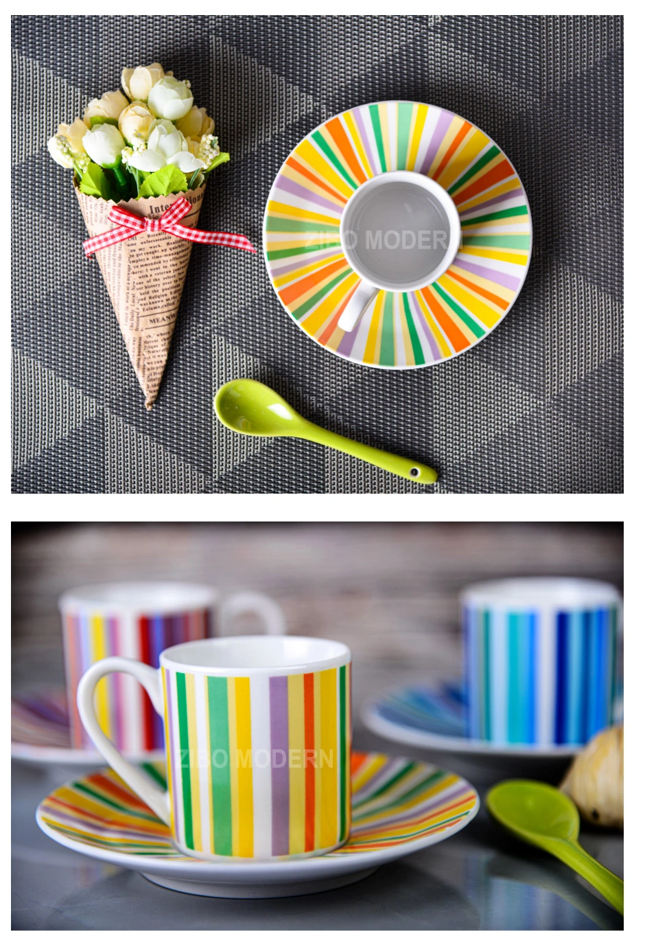 4 Oz Rainbow Striped Multi-Color Ceramic Stoneware Coffee / Tea Cup with Saucer