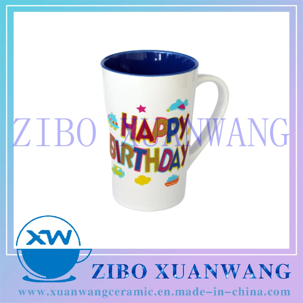 Inside Blue Outside White V-Shape Ceramic Mug with Happy Birthday Gift Printing Ceramic Coffee Cup