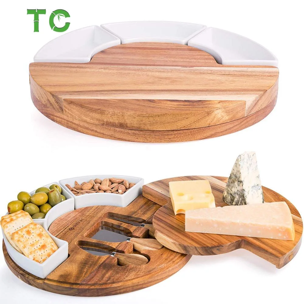 Customized Acacia Wood Cheese Cutting Board Set and Cheese Serving Platter 3 Knives, 3 Ceramic Bowls