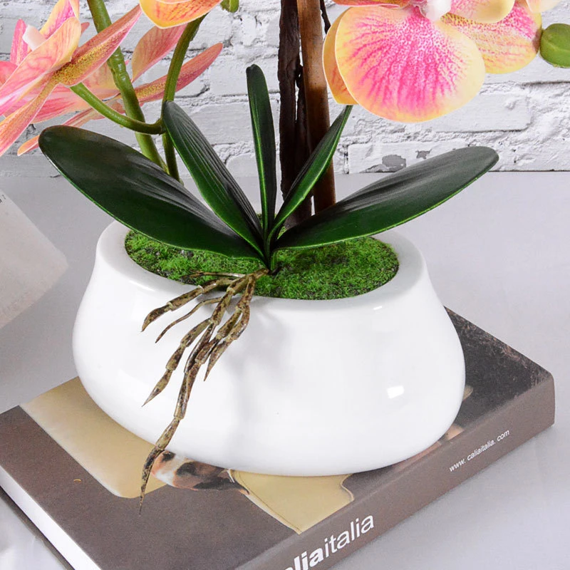 Potted Artificial Fabric Flower Orchid Arrangement with Ceramic Pot for Home Decor