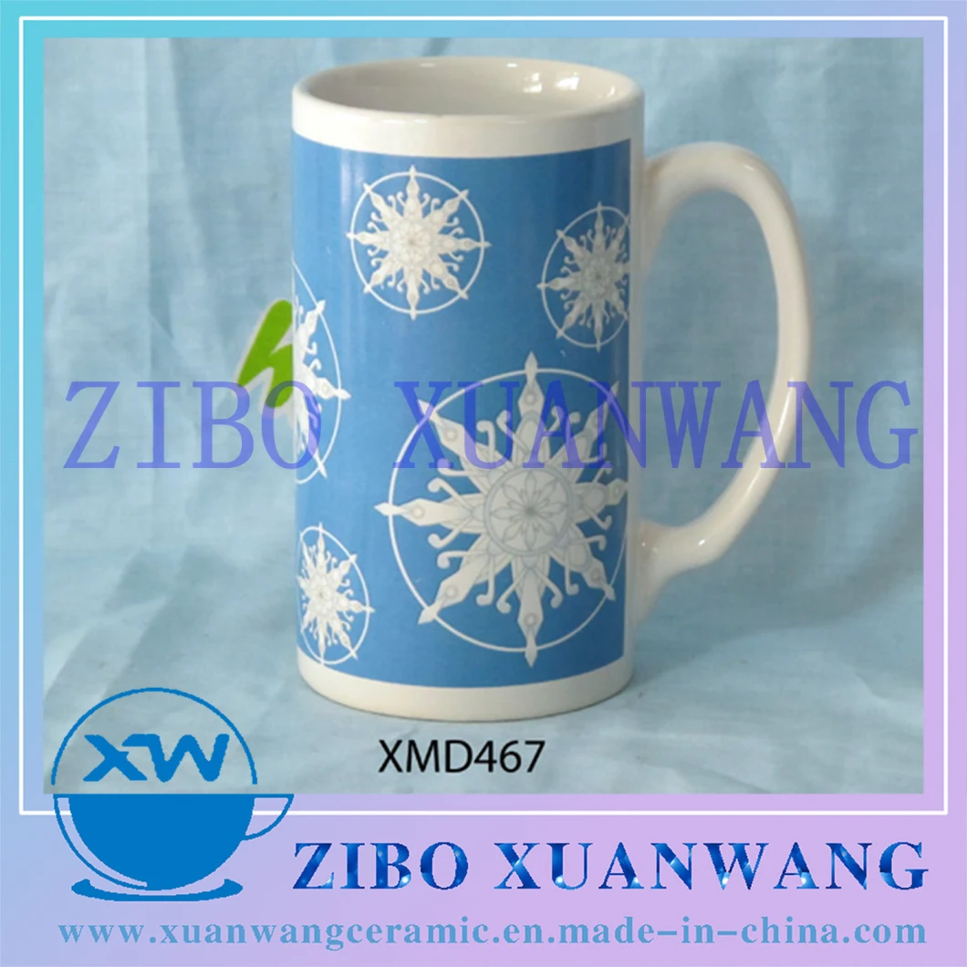 Tall Straight Shape Ceramic Mug with Blue and White Full Printing Wholesale and Promotion Ceramic Cup