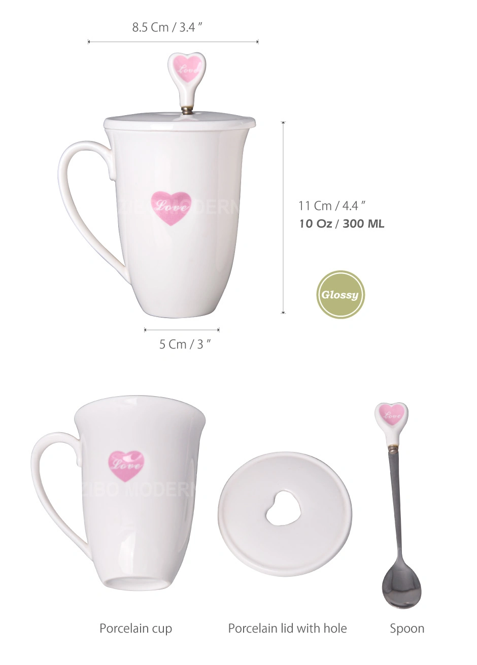 10 Oz Porcelain Ceramic Love Cup with Ceramic Lid and Stainless-Steel Spoon