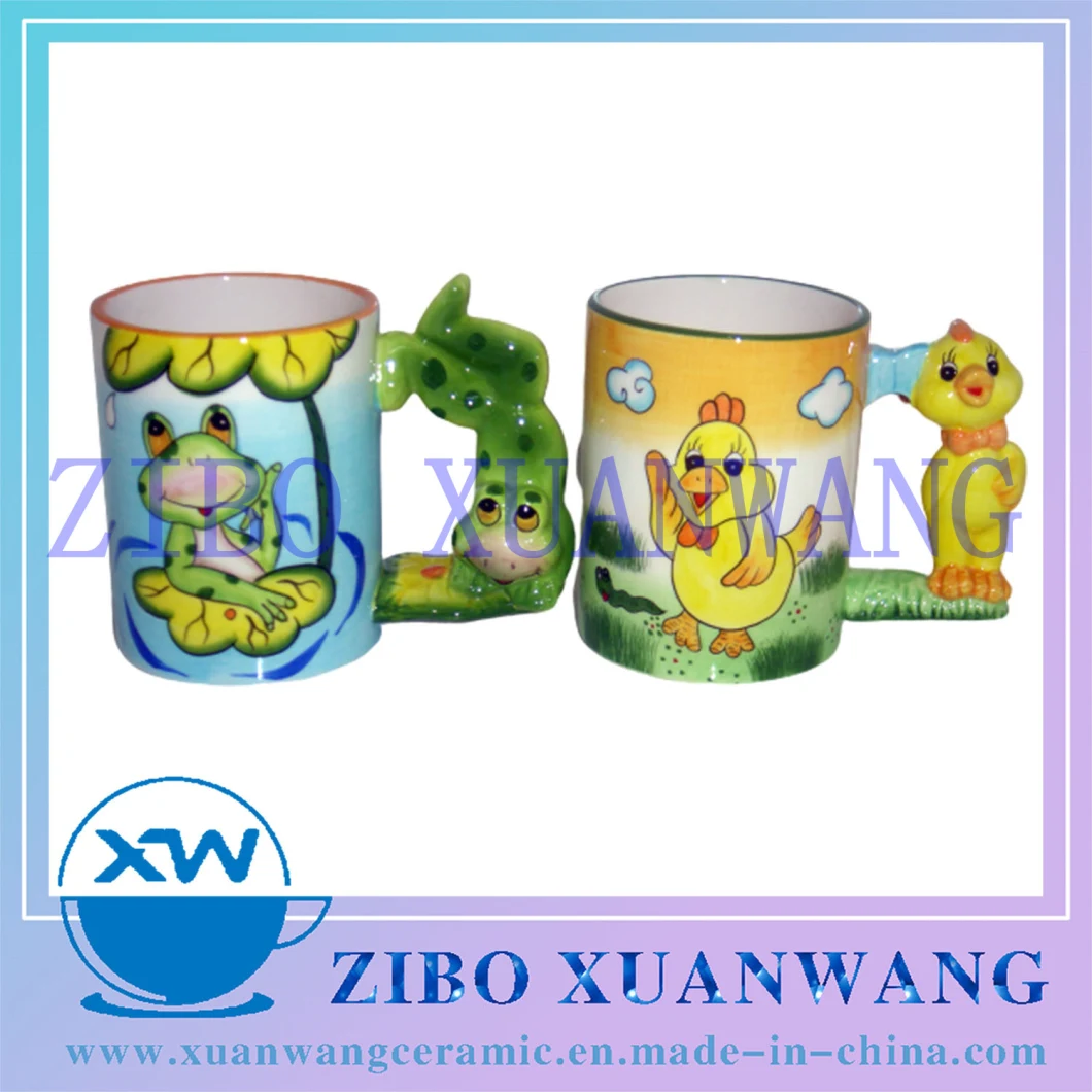 3D Embossed Cartoon Lion and Tiger Handle Ceramic Mug with Hand Printed Printing Ceramic Cup