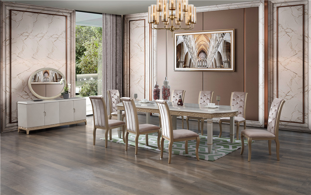 Hotel Restaurant Dining Sets Luxury Italian Solid Wood Golden Color with Fabric Dining Chair